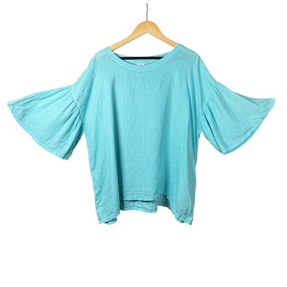 Match Point Turquoise 100% Linen Bell Sleeve‎ Round Neck Top Sz XL Made USA - Picture 6 of 11